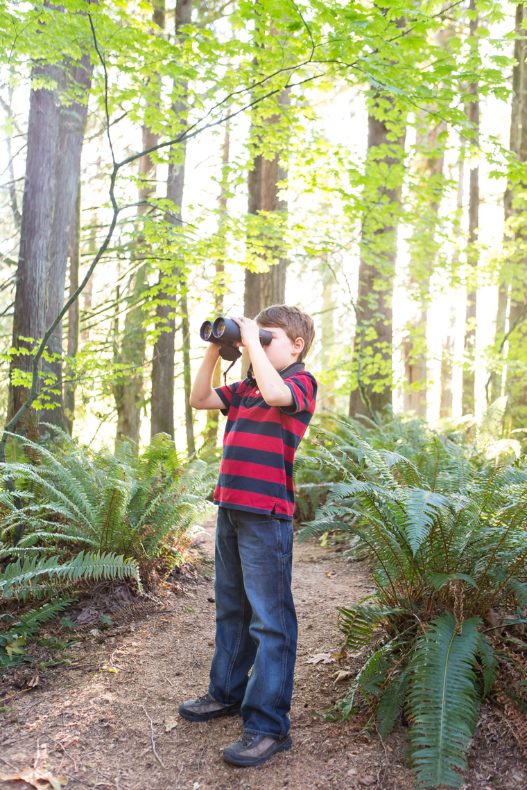 A young boy (8-12 years old) looks out with binoculars at Treehouse Point, Preston WA, USA.