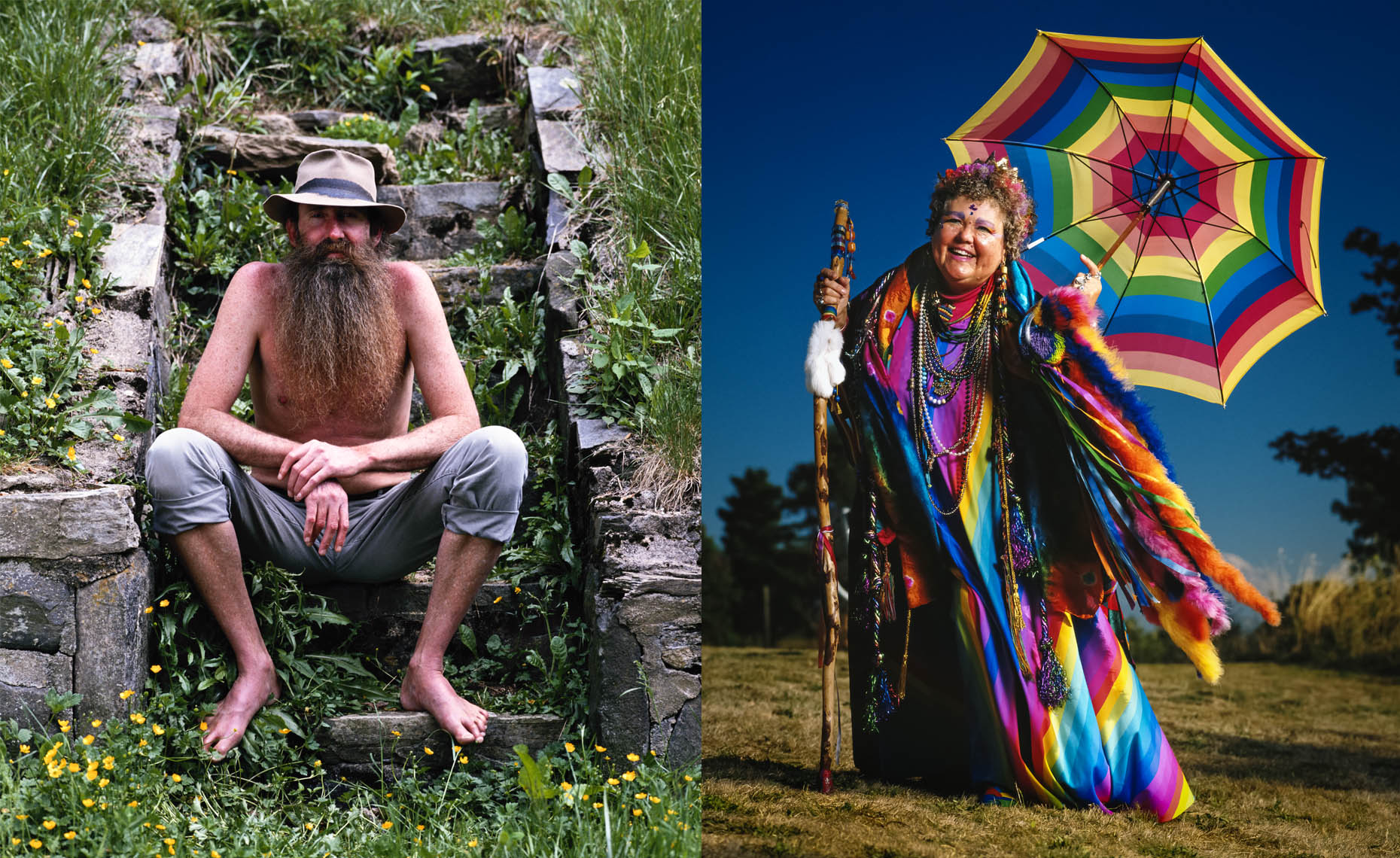 A shirtless man with a long beard sits on some steps, and a woman know affectionately in Seattle, WA as "The Rainbow Lady"