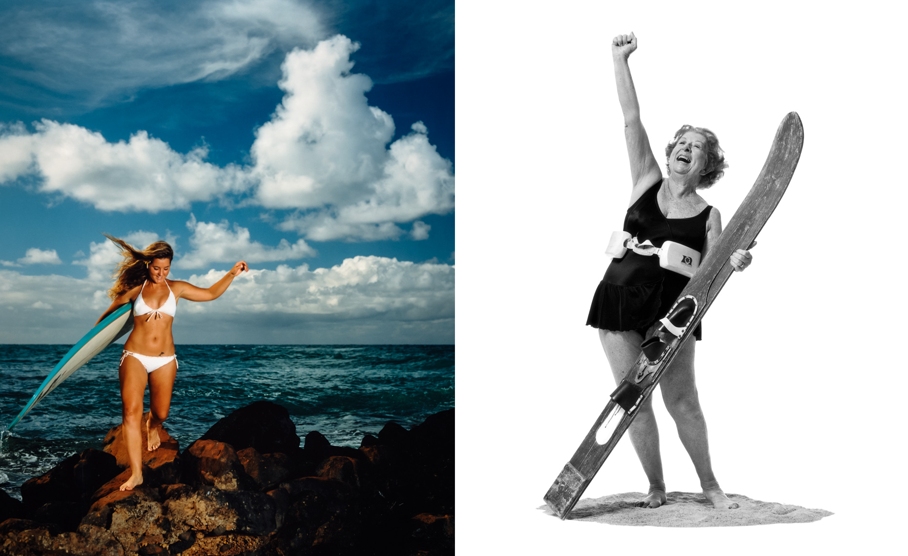 A young woman walks with her surfboard near the surf, and a senior woman stands exultant with her fist in the air  in studio with her feather glide waterski