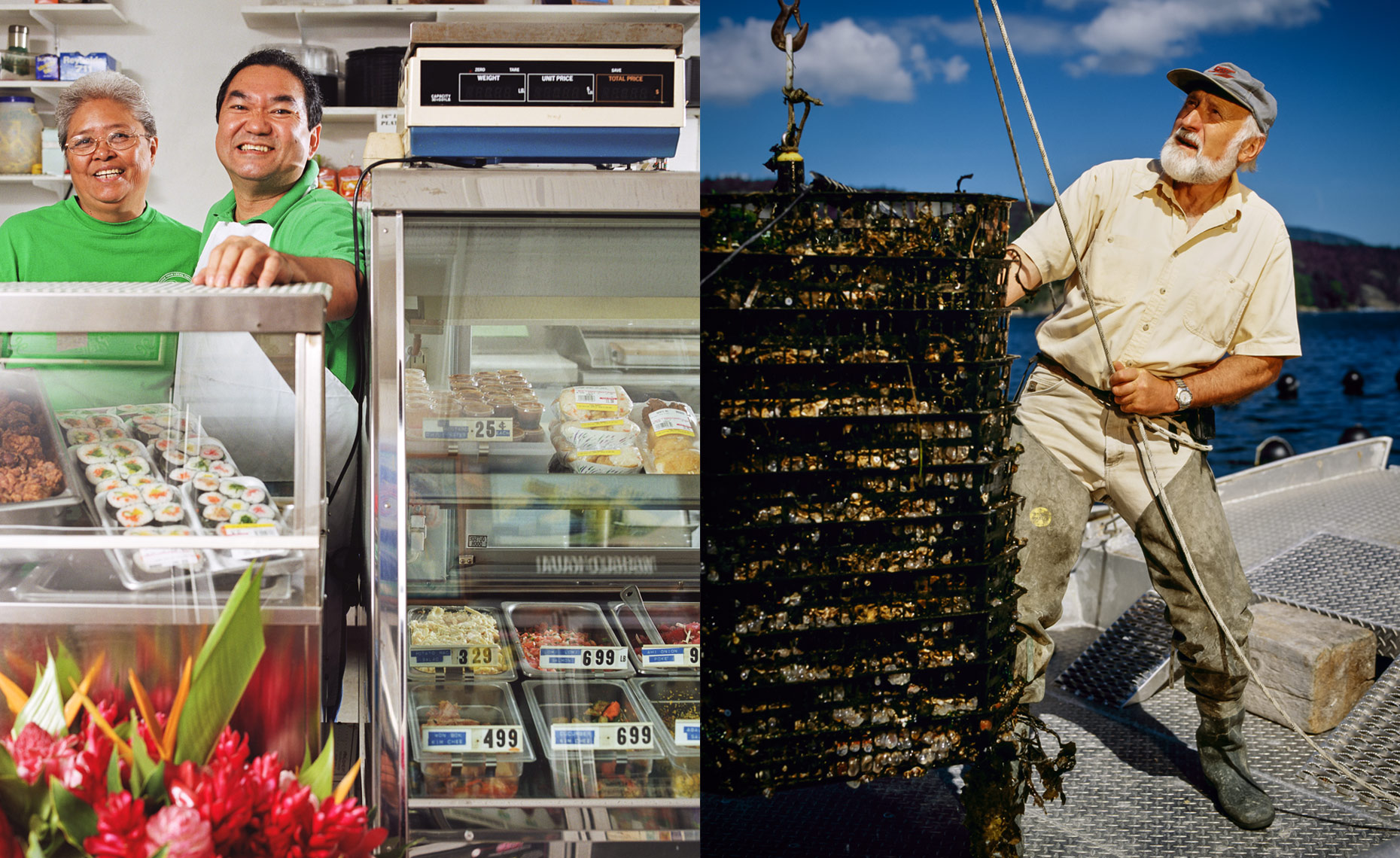 The Pono Market in Kapaa, Kauai, HI and an Oysterman fishing near Salt Spring Island in British Columbia, Canada.